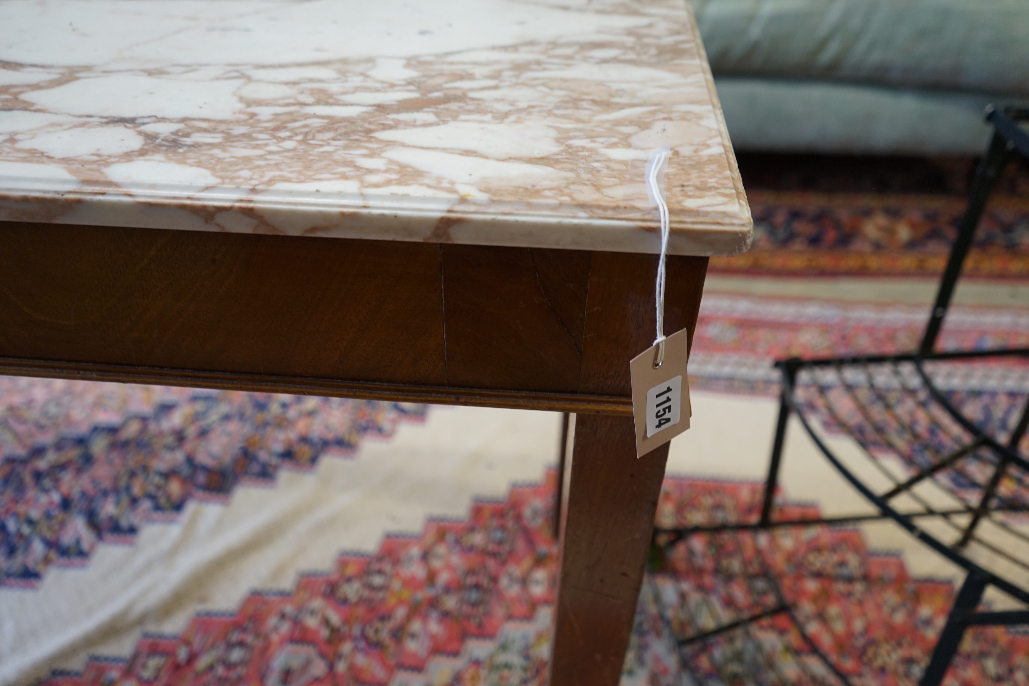 A George III style mahogany marble topped console table, width 164cm, depth 55cm, height 86cm